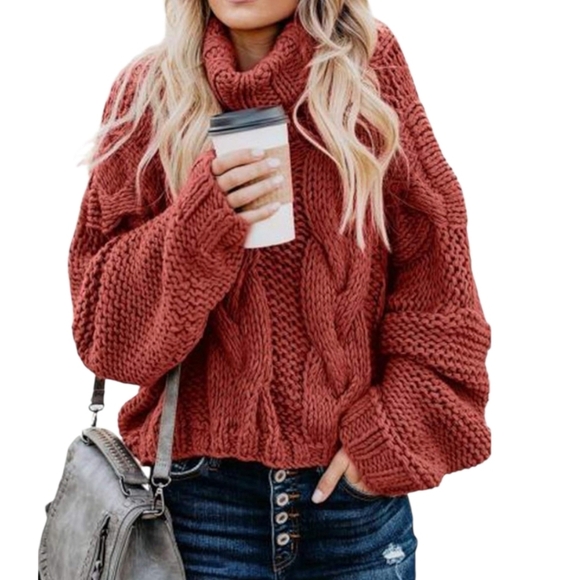 None Sweaters - NWT Cable Knit Sweater With Loose Turtleneck In Muted Red ColorSize XXL